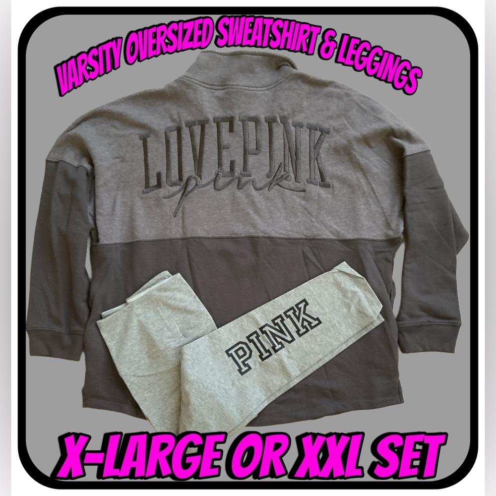 NEW OVERSIZED VARSITY 1/4 ZIP PULLOVER SWEATSHIRT & COTTON LEGGINGS 2PC SET